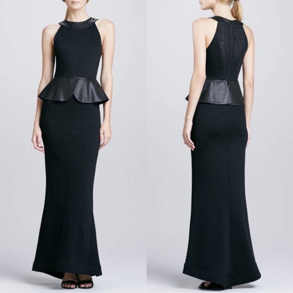 Alice + Olivia Karen Leather-Peplum Mesh Ponte Gown Maxi Dress Black Size 2